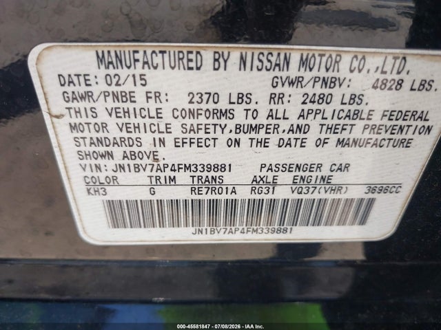 45581847 :رقم المزاد ، JN1BV7AP4FM339881 vin ، 2015 Infiniti Q50 Premium مزاد بيع