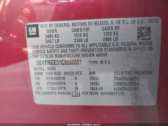 2012 Cadillac Srx Standard მანქანა იყიდება აუქციონზე, vin: 3GYFNGE31CS530301, აუქციონის ნომერი: 45581862