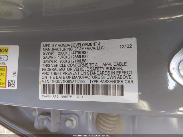 Aukcja sprzedaży 2022 Honda Accord Sport, vin: 1HGCV1F38NA117379, numer aukcji: 45581863
