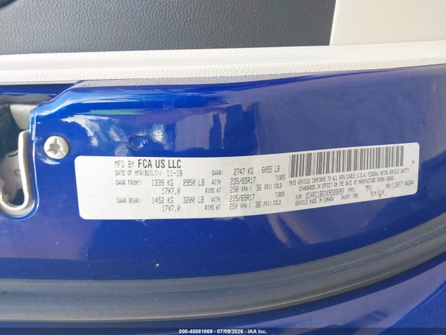 Продаж на аукціоні авто 2019 Chrysler Pacifica Touring L, vin: 2C4RC1BG1KR593097, номер лоту: 45581869