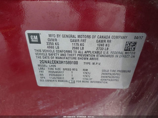 Chevrolet EQUINOX LT 2017 2GNALCEK0H1589100 Image 9