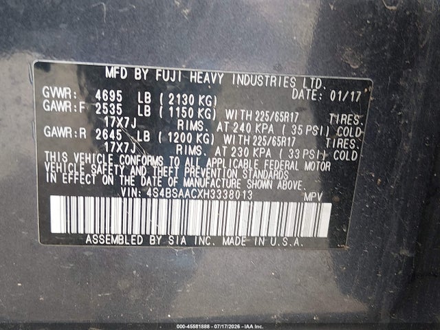 Продажа на аукционе авто 2017 Subaru Outback 2.5i, vin: 4S4BSAACXH3338013, номер лота: 45581888