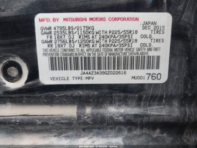 45581900 :رقم المزاد ، JA4AZ3A39GZ022616 vin ، 2016 Mitsubishi Outlander Sel مزاد بيع