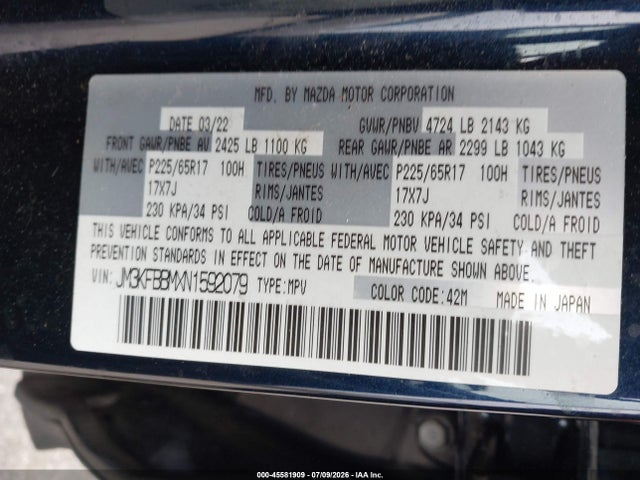 Aukcja sprzedaży 2022 Mazda Cx-5 2.5 S Select, vin: JM3KFBBMXN1592079, numer aukcji: 45581909