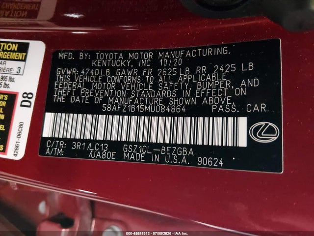 Aukcja sprzedaży 2021 Lexus Es 350 Ultra Luxury, vin: 58AFZ1B15MU084864, numer aukcji: 45581912