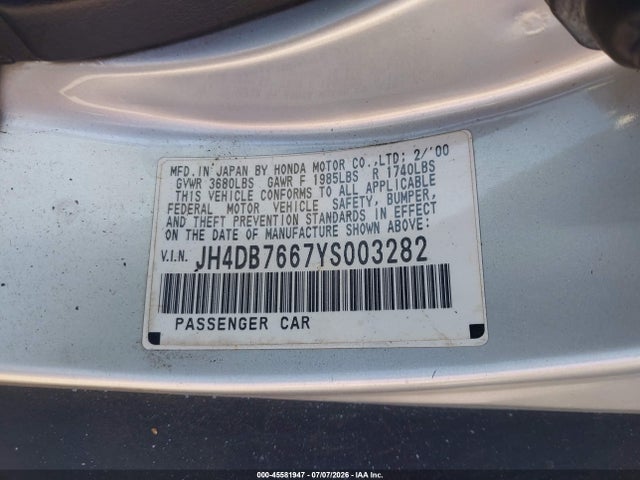2000 Acura Integra Gs მანქანა იყიდება აუქციონზე, vin: JH4DB7667YS003282, აუქციონის ნომერი: 45581947