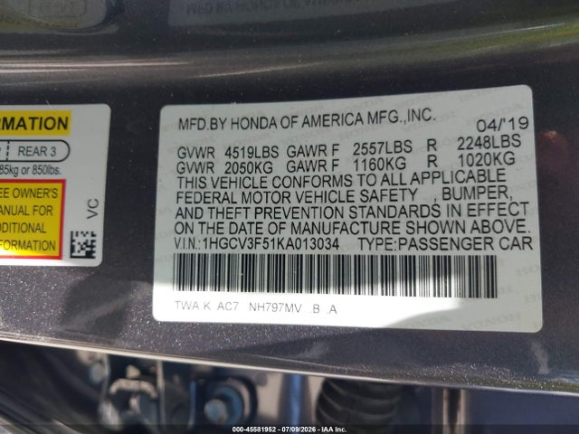 Продаж на аукціоні авто 2019 Honda Accord Hybrid Ex-l, vin: 1HGCV3F51KA013034, номер лоту: 45581952