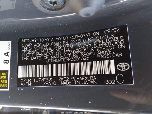Продаж на аукціоні авто 2023 Toyota Corolla Hybrid Le, vin: JTDBCMFE7P3001326, номер лоту: 45581955