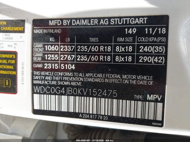 Aukcja sprzedaży 2019 Mercedes-benz Glc 300, vin: WDC0G4JB0KV152475, numer aukcji: 45581957