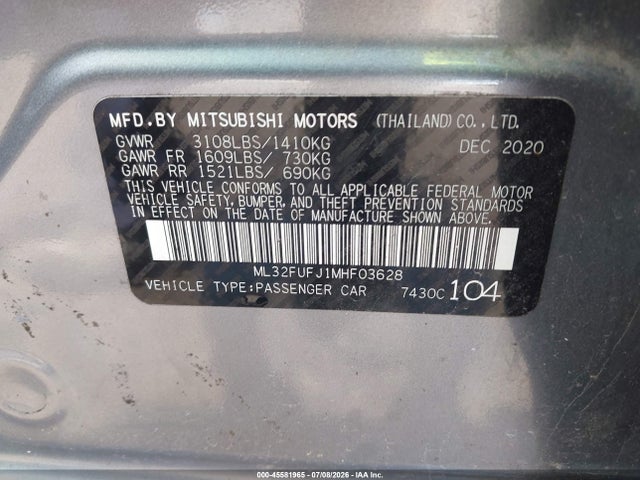 2021 Mitsubishi Mirage G4 Carbonite Edition/es/le მანქანა იყიდება აუქციონზე, vin: ML32FUFJ1MHF03628, აუქციონის ნომერი: 45581965