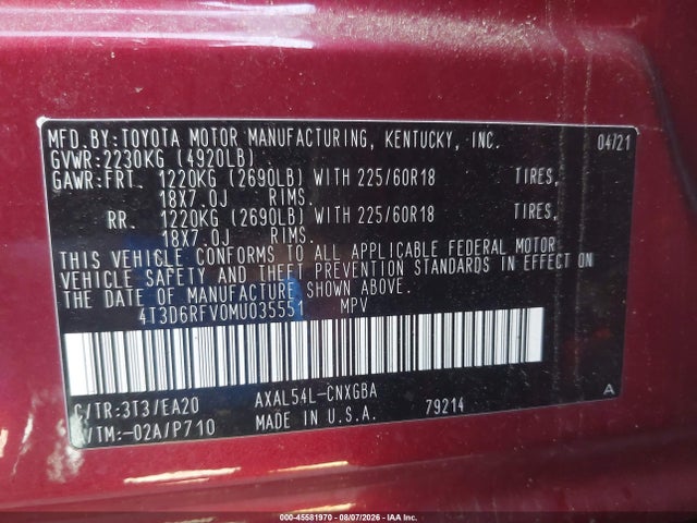 4T3D6RFV0MU035551 Toyota Rav4 Hybrid Limited