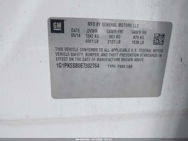 45581982 :رقم المزاد ، 1G1PK5SB0E7392764 vin ، 2014 Chevrolet Cruze Lt مزاد بيع