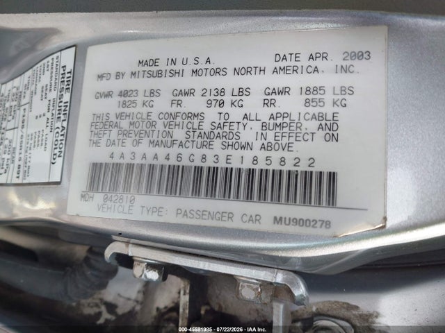45581985 :رقم المزاد ، 4A3AA46G83E185822 vin ، 2003 Mitsubishi Galant Es/ls مزاد بيع