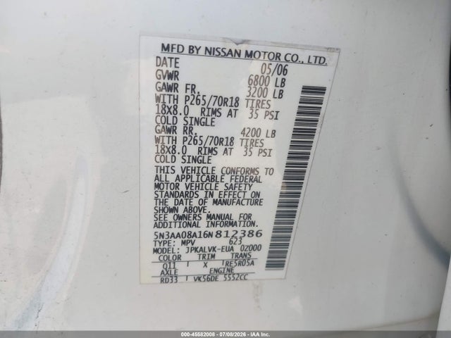 Продажа на аукционе авто 2006 Infiniti Qx56, vin: 5N3AA08A16N812386, номер лота: 45582008