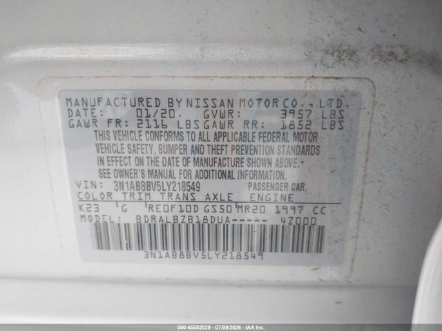 Продаж на аукціоні авто 2020 Nissan Sentra S Xtronic Cvt, vin: 3N1AB8BV5LY218549, номер лоту: 45582029