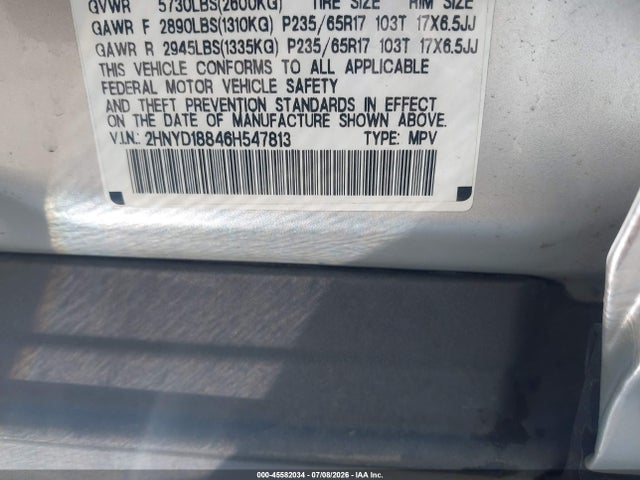 45582034 :رقم المزاد ، 2HNYD18846H547813 vin ، 2006 Acura Mdx مزاد بيع
