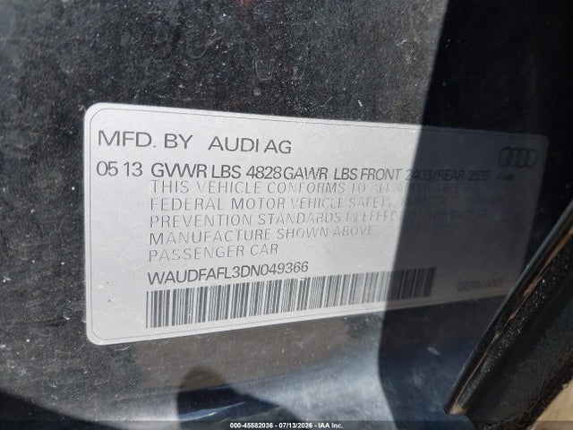 45582036 :رقم المزاد ، WAUDFAFL3DN049366 vin ، 2013 Audi A4 2.0t Premium مزاد بيع