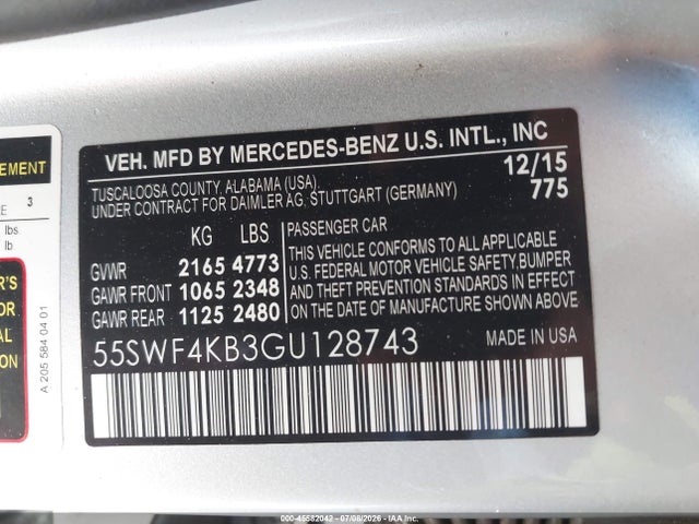 Продажа на аукционе авто 2016 Mercedes-benz C 300 Sport 4matic, vin: 55SWF4KB3GU128743, номер лота: 45582042