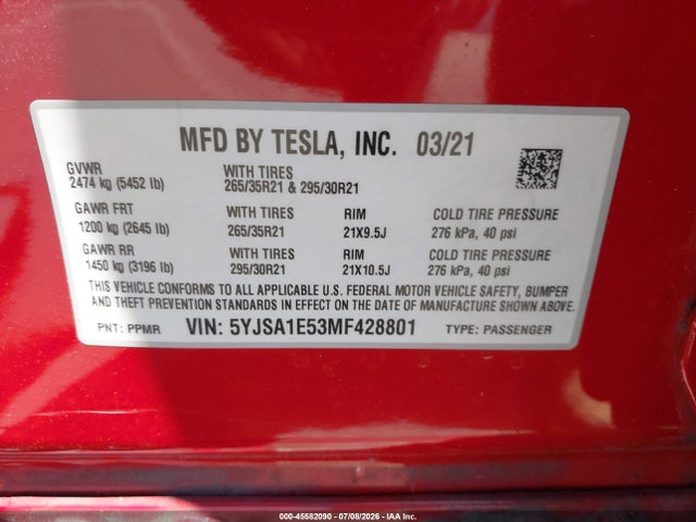 Продаж на аукціоні авто 2021 Tesla Model S Long Range Dual Motor All-wheel Drive, vin: 5YJSA1E53MF428801, номер лоту: 45582090