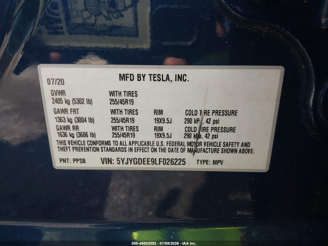 2020 Tesla Model Y Long Range Dual Motor All-wheel Drive მანქანა იყიდება აუქციონზე, vin: 5YJYGDEE9LF026225, აუქციონის ნომერი: 45582092