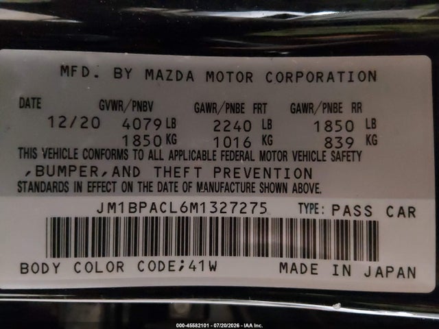 Aukcja sprzedaży 2021 Mazda Mazda3 Preferred, vin: JM1BPACL6M1327275, numer aukcji: 45582101