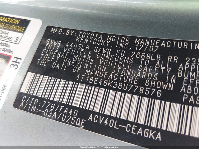 Aukcja sprzedaży 2008 Toyota Camry Xle, vin: 4T1BE46K38U778576, numer aukcji: 45582105