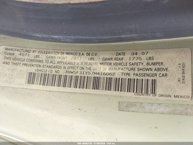 Продаж на аукціоні авто 2007 Volkswagen New Beetle 2.5, vin: 3VWSF31Y57M416062, номер лоту: 45582150