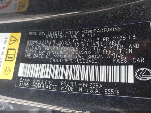 Продаж на аукціоні авто 2019 Lexus Es 350 Luxury, vin: 58ABZ1B10KU003460, номер лоту: 45582157