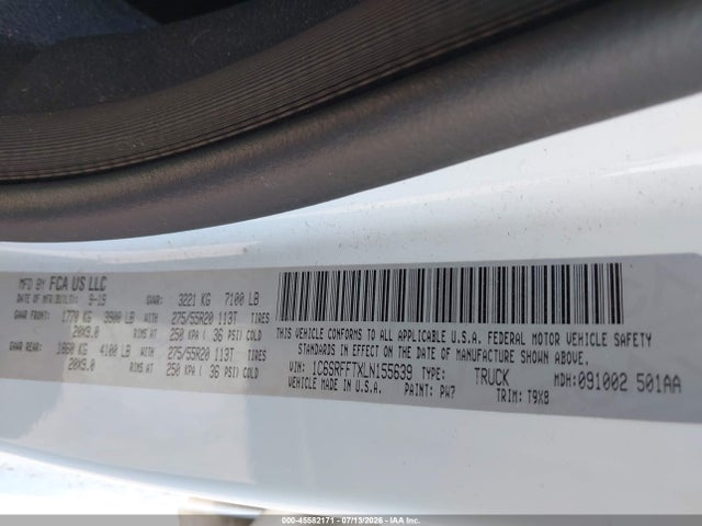 45582171 :رقم المزاد ، 1C6SRFFTXLN155639 vin ، 2020 Ram 1500 Big Horn  4x4 5'7 Box مزاد بيع