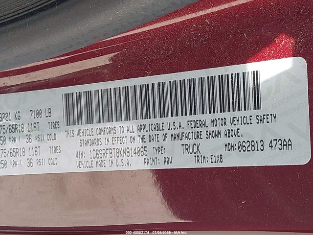 45582174 :رقم المزاد ، 1C6SRFBT8KN914065 vin ، 2019 Ram 1500 Big Horn/lone Star  4x4 6'4 Box مزاد بيع