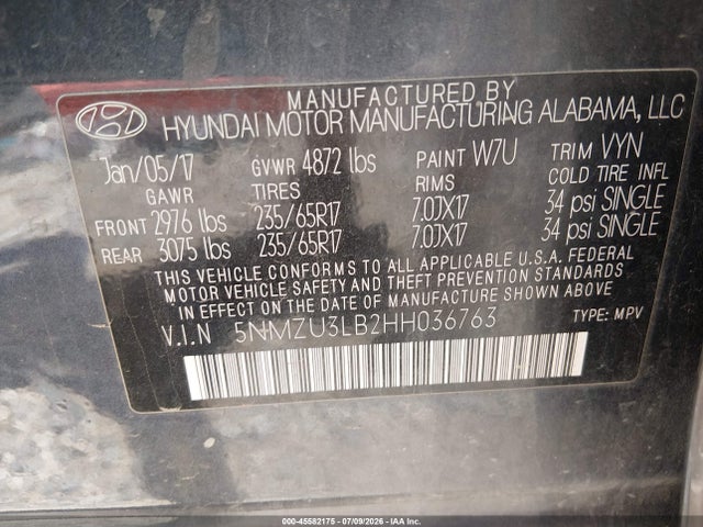 45582175 :رقم المزاد ، 5NMZU3LB2HH036763 vin ، 2017 Hyundai Santa Fe Sport 2.4l مزاد بيع
