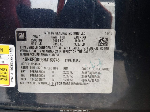 Aukcja sprzedaży 2017 Chevrolet Traverse Lt, vin: 1GNKRGKD6HJ189743, numer aukcji: 45582179
