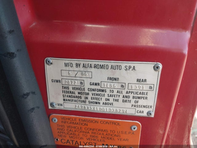 1986 Alfa Romeo Veloce 2000 Spider მანქანა იყიდება აუქციონზე, vin: ZARBA5410G1038294, აუქციონის ნომერი: 45582205