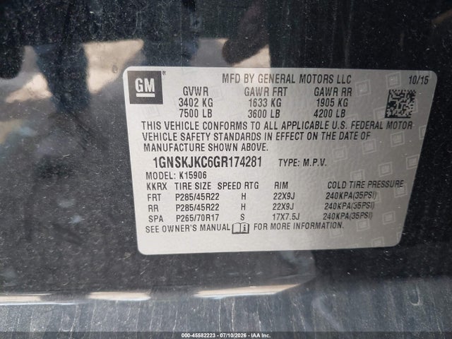 Продажа на аукционе авто 2016 Chevrolet Suburban Ltz, vin: 1GNSKJKC6GR174281, номер лота: 45582223