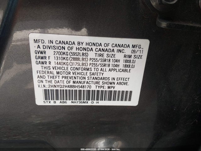 Продаж на аукціоні авто 2011 Acura Mdx Technology Package, vin: 2HNYD2H48BH548170, номер лоту: 45582225