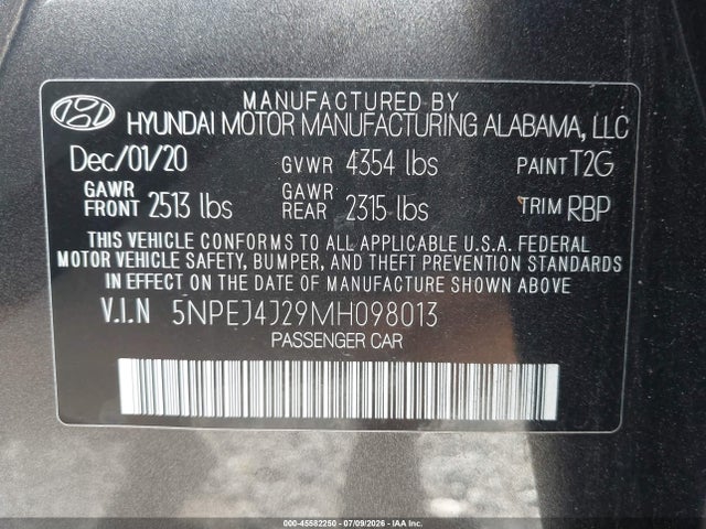 Продаж на аукціоні авто 2021 Hyundai Sonata Sel Plus, vin: 5NPEJ4J29MH098013, номер лоту: 45582250