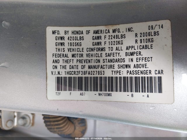45582272 :رقم المزاد ، 1HGCR2F38FA027953 vin ، 2015 Honda Accord Lx مزاد بيع