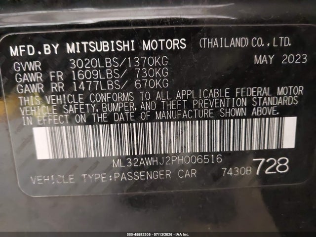 2023 Mitsubishi Mirage Black Edition მანქანა იყიდება აუქციონზე, vin: ML32AWHJ2PH006516, აუქციონის ნომერი: 45582305