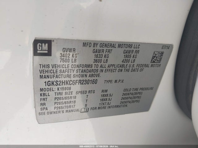 Aukcja sprzedaży 2015 Gmc Yukon Xl 1500 Slt, vin: 1GKS2HKC6FR230160, numer aukcji: 45582313