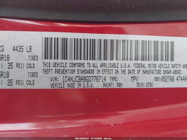 45582321 :رقم المزاد ، 1C4NJCBA8GD776714 vin ، 2016 Jeep Compass Sport Se مزاد بيع