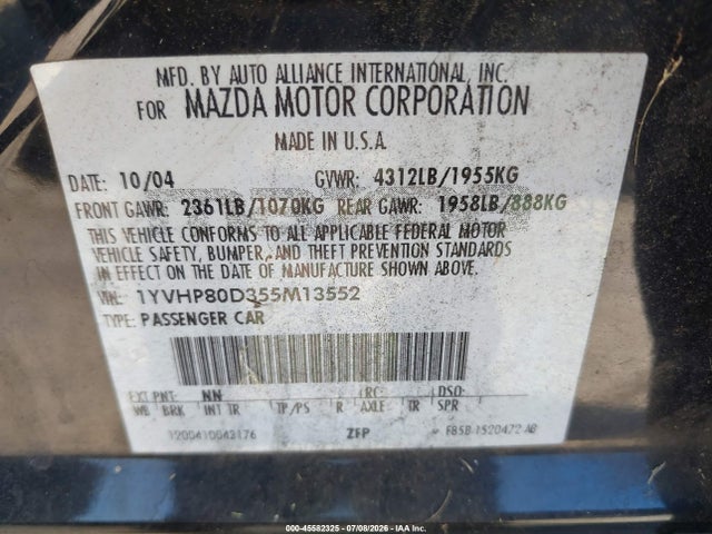 Aukcja sprzedaży 2005 Mazda Mazda6 S Sport, vin: 1YVHP80D355M13552, numer aukcji: 45582325