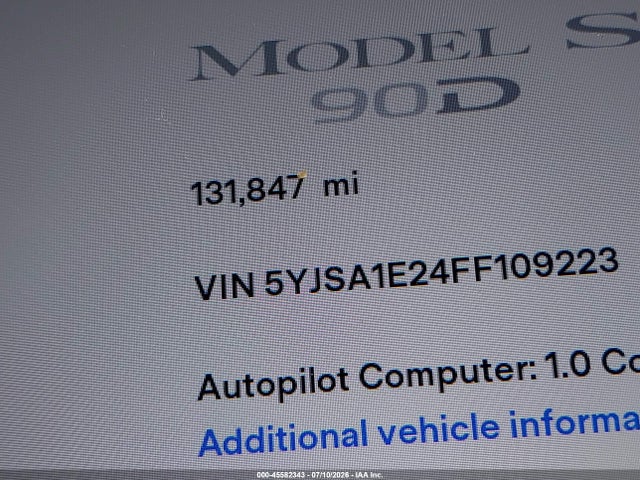 Aukcja sprzedaży 2015 Tesla Model S 70d/85d/p85d, vin: 5YJSA1E24FF109223, numer aukcji: 45582343