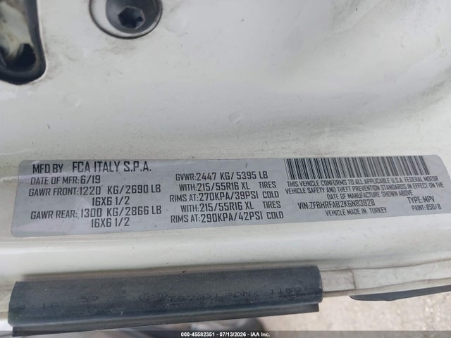 45582351 :رقم المزاد ، ZFBHRFAB2K6N83928 vin ، 2019 Ram Promaster City Tradesman مزاد بيع
