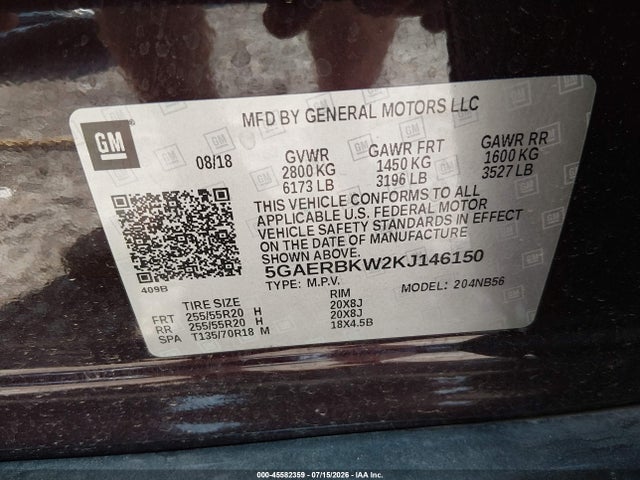 45582359 :رقم المزاد ، 5GAERBKW2KJ146150 vin ، 2019 Buick Enclave Fwd Essence مزاد بيع