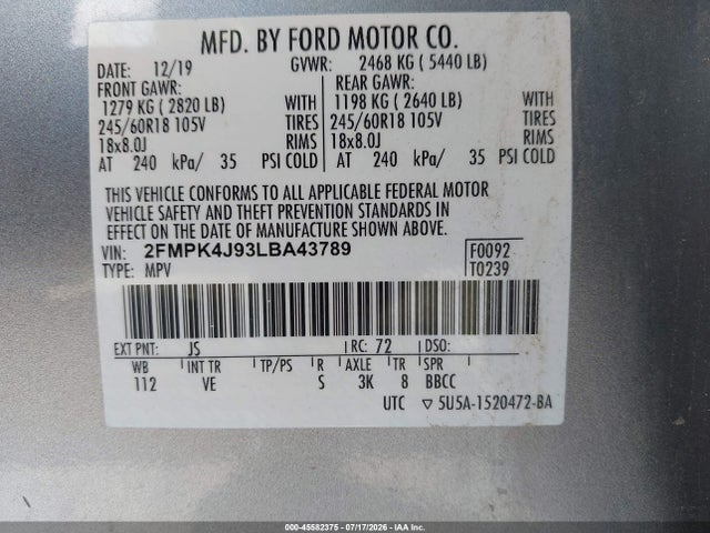 Продаж на аукціоні авто 2020 Ford Edge Sel, vin: 2FMPK4J93LBA43789, номер лоту: 45582375
