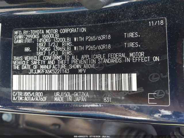 Aukcja sprzedaży 2019 Lexus Gx 460 Luxury, vin: JTJJM7FX6K5221143, numer aukcji: 45582378