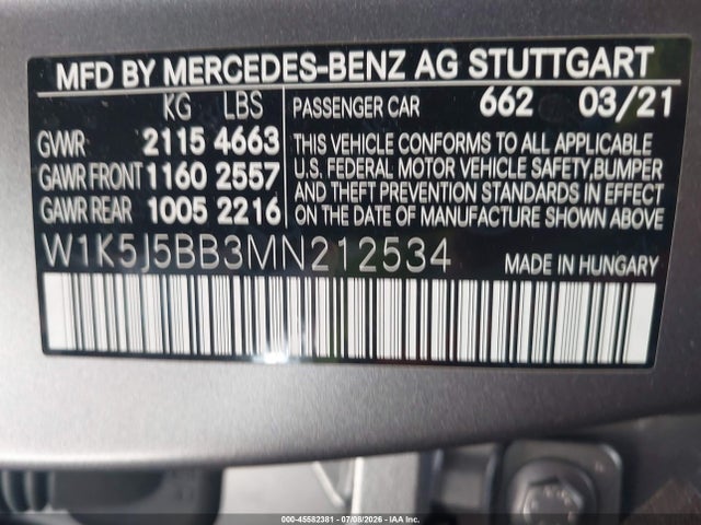 45582381 :رقم المزاد ، W1K5J5BB3MN212534 vin ، 2021 Mercedes-benz Amg Cla 35 4matic مزاد بيع