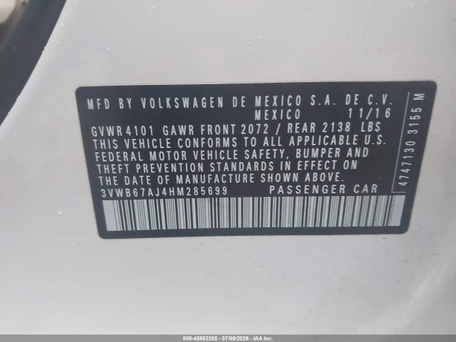 45582385 :رقم المزاد ، 3VWB67AJ4HM285699 vin ، 2017 Volkswagen Jetta 1.4t Se مزاد بيع