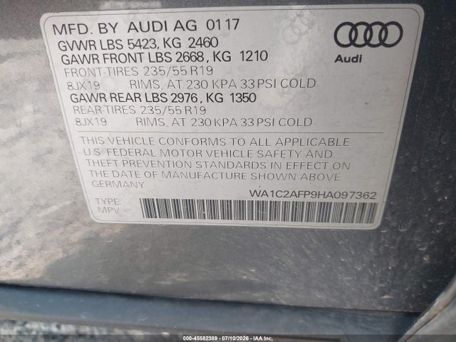 Продажа на аукционе авто 2017 Audi Q5 2.0t Premium, vin: WA1C2AFP9HA097362, номер лота: 45582389