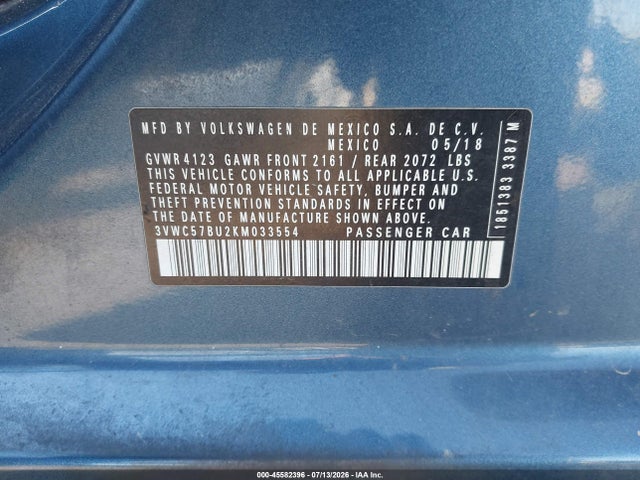 2019 Volkswagen Jetta 1.4t R-line/1.4t S/1.4t Se მანქანა იყიდება აუქციონზე, vin: 3VWC57BU2KM033554, აუქციონის ნომერი: 45582396